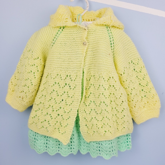 Infant Baby Crochet Dress And Sweater Set Hand Crafted Green And Yellow - Picture 2 of 16